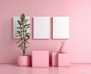 Pink room with three blank canvases, potted plant, and vase on pink cubes against a pink wall