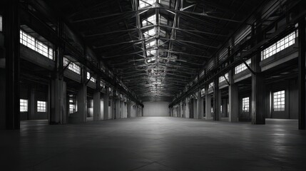 Naklejka premium Vast Empty Warehouse with Tall Steel Ceilings and Open Space