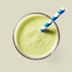 Top-down view of a green smoothie in a glass with a blue and white striped straw.