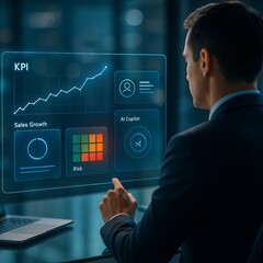 Businessman reviewing performance metrics sales growth charts and risk assessment on a futuristic interface
