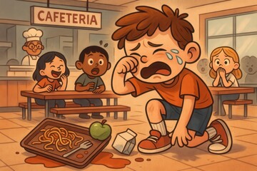 Boy crying after dropping tray in cafeteria, stylized cartoon scene illustration
