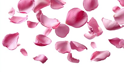 Pink rose petals falling against a stark white background, some petals are slightly curled, showing soft, light pink hues and varied sizes