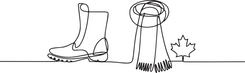 Continuous one line drawing of boots, scarf, and a maple leaf together, minimalist single line art in black on white, autumn fashion theme

