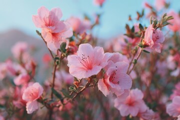 Obraz premium Beautiful blooming pink azalea flowers in a garden during springtime with soft sunlight