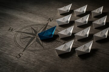 Blue paper boat leads white boats on a compass engraved wooden surface