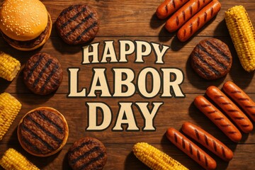 Grilled hamburgers hot dogs and corn on the cob on a wooden table with text
