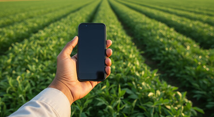 Smart agriculture and connectivity in the field, human hand using technology in the fields