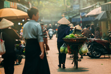 Obraz premium Travel lifestyle of Vietnam, Woman with bicycle with fruits going to market in Hanoi.