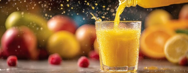 The refreshing juice pouring from a bottle into a glass surrounded by vibrant fruits.