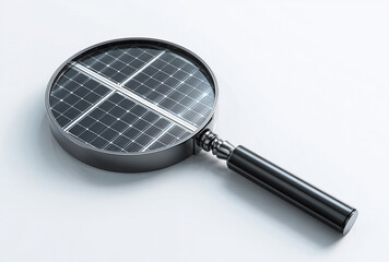 Magnifying glass showing solar panel cells on white background, representing renewable energy search and sustainable technology