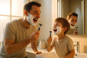 Father and son laughing with shaving cream on faces holding razors Bathroom