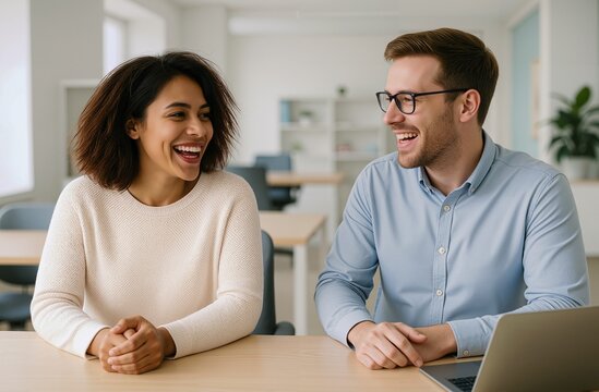 Two young professionals share a joyful moment laughing during a casual conversation in a modern office setting