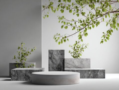 Minimalist scene featuring a circular and rectangular stone podiums, adorned with small leafy plants and an overhanging branch against a muted grey backdrop