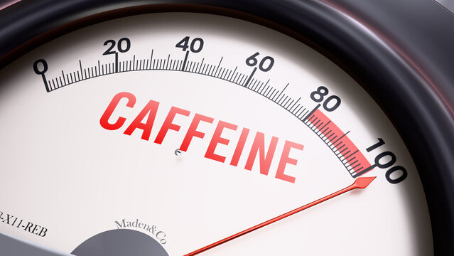 Caffeine showing very high levels, increasing values of caffeine. Overload of it, too much of caffeine. Maximum value, off the charts. Caffeine meter rising to max.  ,3d illustration