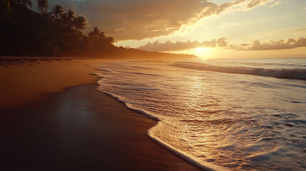 Obraz premium Golden hour sunset over a tropical beach.