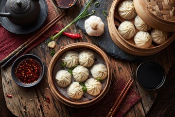 Steaming dumplings served in bamboo baskets with dipping sauces on a rustic wooden table during a cozy evening meal