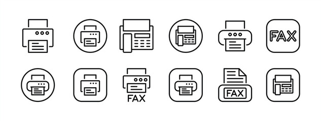 Printer thin line icon set. Contains office fax contact, print document button, copy text, printout, paper page, printing machine technology, inkjet. Vector illustration