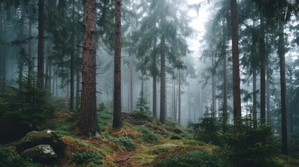 Fototapeta premium Foggy Morning in a Dense Forest Surrounded by Mystical Atmosphere