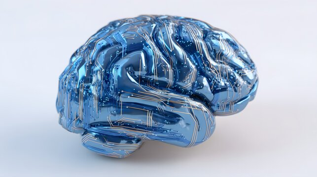 A metallic blue brain with circuit board design.