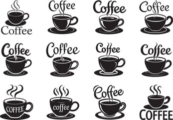 Vector icons set of various hot coffee and tea cups, mugs, and beverages for cafe and restaurant menus