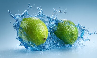 Two vibrant green limes submerged in a dynamic splash of clear, cool water against a soft blue backdrop