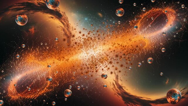 Cosmic Explosion of Vibrant Colors and Swirling Particles Creates Dynamic, Energetic Scene in Space with Floating Spheres