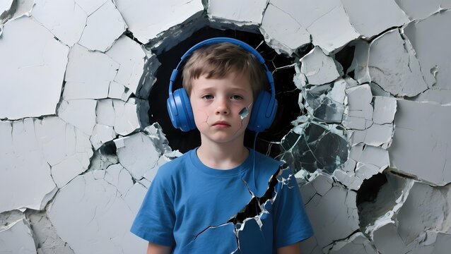 Autistic child boy with blue noise cancelling headphones and cracked wall texture overlay on face, concept of sensory overload, autism spectrum and emotional fragility - Powered by Adobe