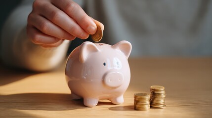 Coin Deposit in Piggy Bank - A person is depositing a coin into a pink piggy bank. Stacks of coins are placed nearby, symbolizing savings and financial planning.