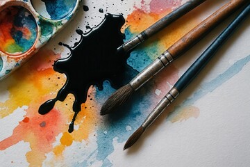 Fototapeta premium Paintbrushes And Watercolor Palette With Ink Spill For Art And Creativity