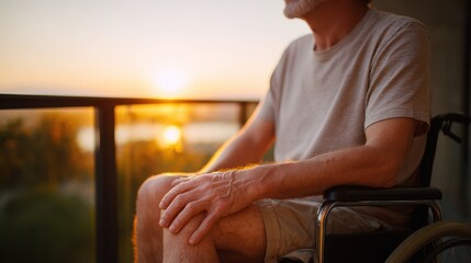 Man in Wheelchair at Sunset - A man in a wheelchair enjoys a peaceful moment during sunset. The scene captures the warmth of the evening light and a sense of tranquility.