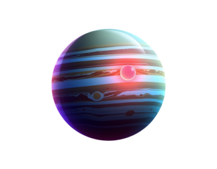 Planet Jupiter with a Moon, Striated Atmosphere, Glowing Features