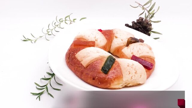 Traditional Rosca de Reyes bread in Mexico on white plate on white background turning alongside the walnut and fresh rosemary decorations lock dawn camera
