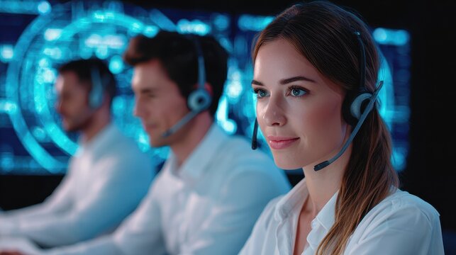 Customer Support Team - A focused customer support representative wearing a headset in a modern office environment. The background features digital graphics, emphasizing a tech-savvy atmosphere.