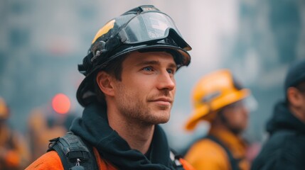 Firefighter in Action - A focused firefighter stands amidst a smoky environment, showcasing determination and readiness. The scene captures the essence of bravery and teamwork in emergency response.