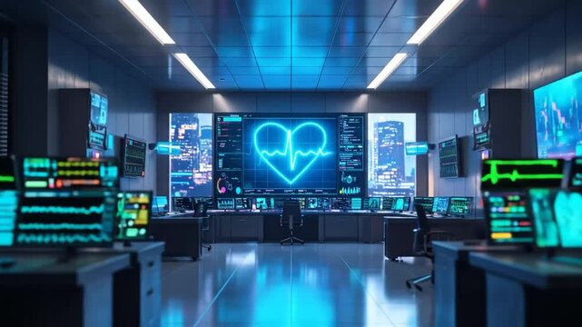 Futuristic medical control center with glowing heart rate monitor and multiple displays showing - Powered by Adobe