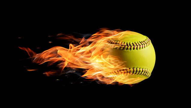 Burning Softball Speed and Power Yellow Softball in Flames Against Black Background Concept for Fast Pitch Sport