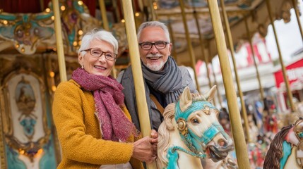 Obraz premium happy cheerful smiling senior couple holding hands together and playing on horse carousel ride at amusement park elderly couple having fun at the theme park people tourist and holiday concept no logo