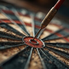 A dart is poised perfectly in the bullseye area of a dartboard, indicating a successful throw during a competitive game in a lively pub atmosphere. Excitement fills the air.