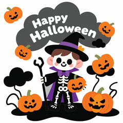 Cute Skeleton Child in Halloween Costume with Pumpkins