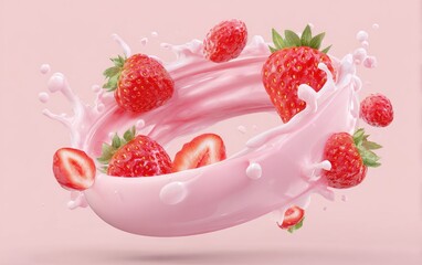 Pink yogurt swirl with whole and sliced strawberries in dynamic motion against a pale pink background