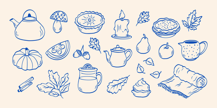 Minimalist hand drawn sketch fall elements. Cozy autumn icons pumpkin, acorn, pie, plaid, apple,pear,leaves, mushroom, candle, kettle, cinnamon, mug. Vector illustration.