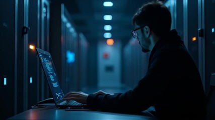 Concentrated coder in a modern server room working on laptop, cybersecurity - Powered by Adobe