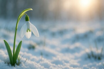 Snowdrop Flower Emerging Through Snow In Early Spring