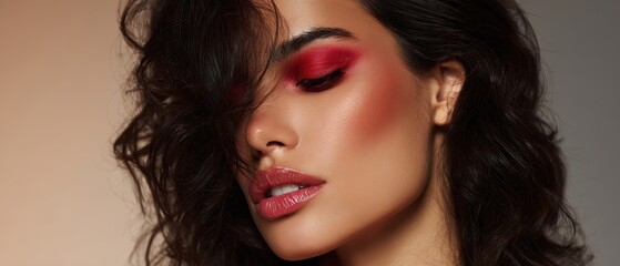 Fototapeta premium The Glamorous Portrait of a Woman with Bold Red Makeup