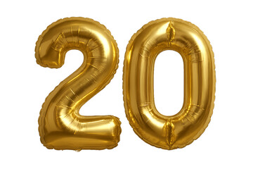 Gold Number 20 Balloon on Transparent Background Isolated Celebration Mockup