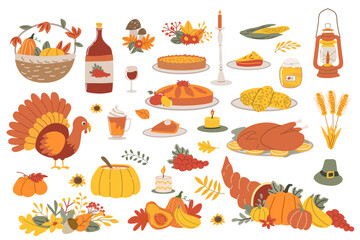 Thanksgiving feast elements with turkey, pumpkin, corn, pie, pumpkin latte, soup and autumn decorations. Happy Thanksgiving. Vector illustration. Set of icons for thanksgiving party and cards.