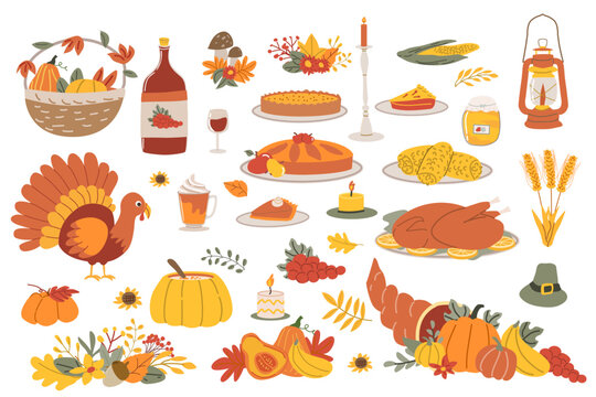 Thanksgiving feast elements with turkey, pumpkin, corn, pie, pumpkin latte, soup and autumn decorations. Happy Thanksgiving. Vector illustration. Set of icons for thanksgiving party and cards.