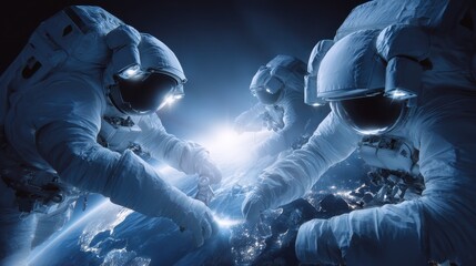 Astronauts in Space - A group of astronauts is engaged in a space mission, showcasing teamwork in a cosmic environment. The scene highlights the beauty of Earth from space.