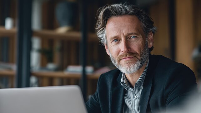 happy mature business man executive manager looking at laptop computer watching online webinar or having remote virtual meeting video conference call negotiation corporate training working in office  - Powered by Adobe