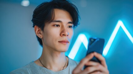 Young man using smartphone - A young man is focused on his smartphone, with a modern background featuring blue neon lights. The image captures a moment of technology engagement.